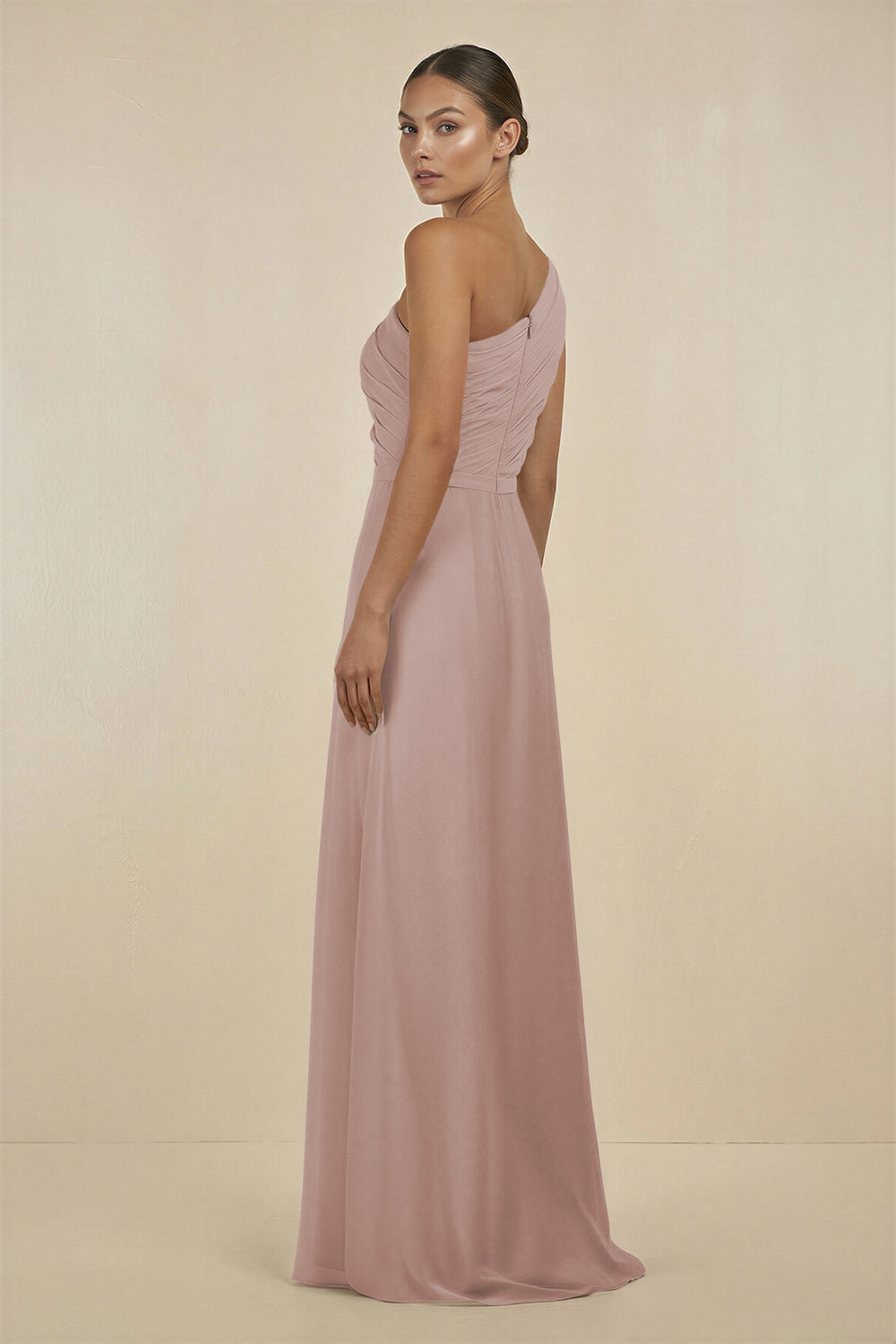 Ruffled One-Shoulder Pleated Sheath Bridesmaid Dress in Toffee