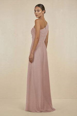 Ruffled One-Shoulder Pleated Sheath Bridesmaid Dress in Toffee (2) | KISSBRIDAL