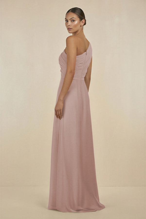 Ruffled One-Shoulder Pleated Sheath Bridesmaid Dress in Toffee (2) | KISSBRIDAL