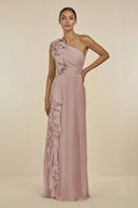 Ruffled One-Shoulder Pleated Sheath Bridesmaid Dress in Toffee | KISSBRIDAL