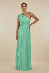 Ruffled One - Shoulder Pleated Sheath Bridesmaid Dress in Turquoise - KISS BRIDAL Bridesmaid Dresses