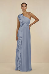 Ruffled One - Shoulder Pleated Sheath Bridesmaid Dress in Twilight - KISS BRIDAL Bridesmaid Dresses