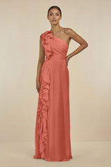 Ruffled One - Shoulder Pleated Sheath Bridesmaid Dress in Wild Rose - KISS BRIDAL Bridesmaid Dresses
