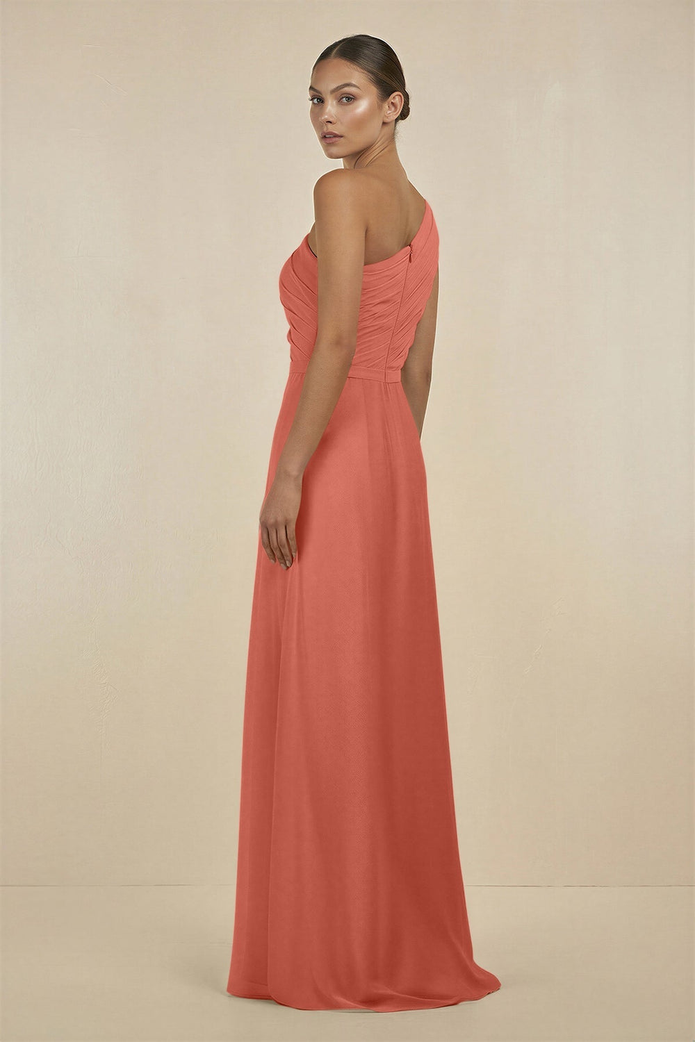 Ruffled One - Shoulder Pleated Sheath Bridesmaid Dress in Wild Rose - SHE IS ME Bridesmaid Dresses