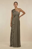 Ruffled One - Shoulder Pleated Sheath Bridesmaid Dress in Willow Green - SHE IS ME Bridesmaid Dresses