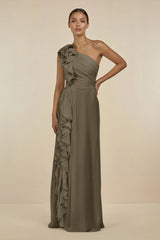 Ruffled One - Shoulder Pleated Sheath Bridesmaid Dress in Willow Green - KISS BRIDAL Bridesmaid Dresses