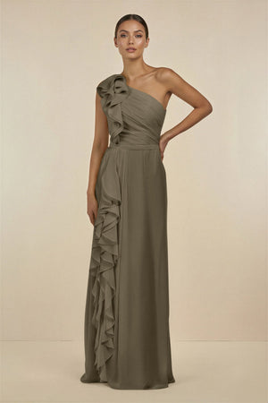 Ruffled One - Shoulder Pleated Sheath Bridesmaid Dress in Willow Green - SHE IS ME Bridesmaid Dresses