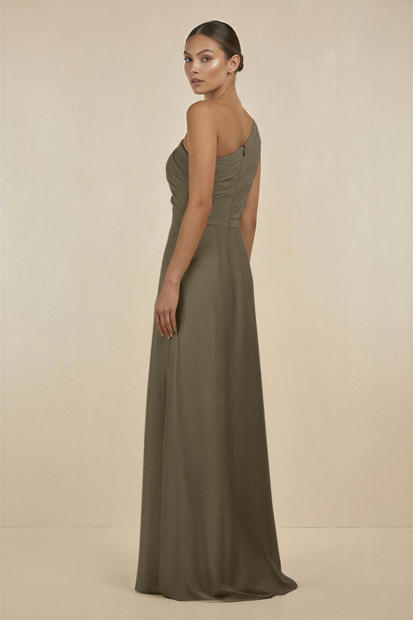 Ruffled One - Shoulder Pleated Sheath Bridesmaid Dress in Willow Green - SHE IS ME Bridesmaid Dresses