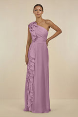 Ruffled One - Shoulder Pleated Sheath Bridesmaid Dress in Wisteria - KISS BRIDAL Bridesmaid Dresses