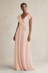A-Line V-Neck Ruffled Sleeve Chiffon Bridesmaid Dress in Pale Blush - KISS BRIDAL BRIDESMAID DRESSES
