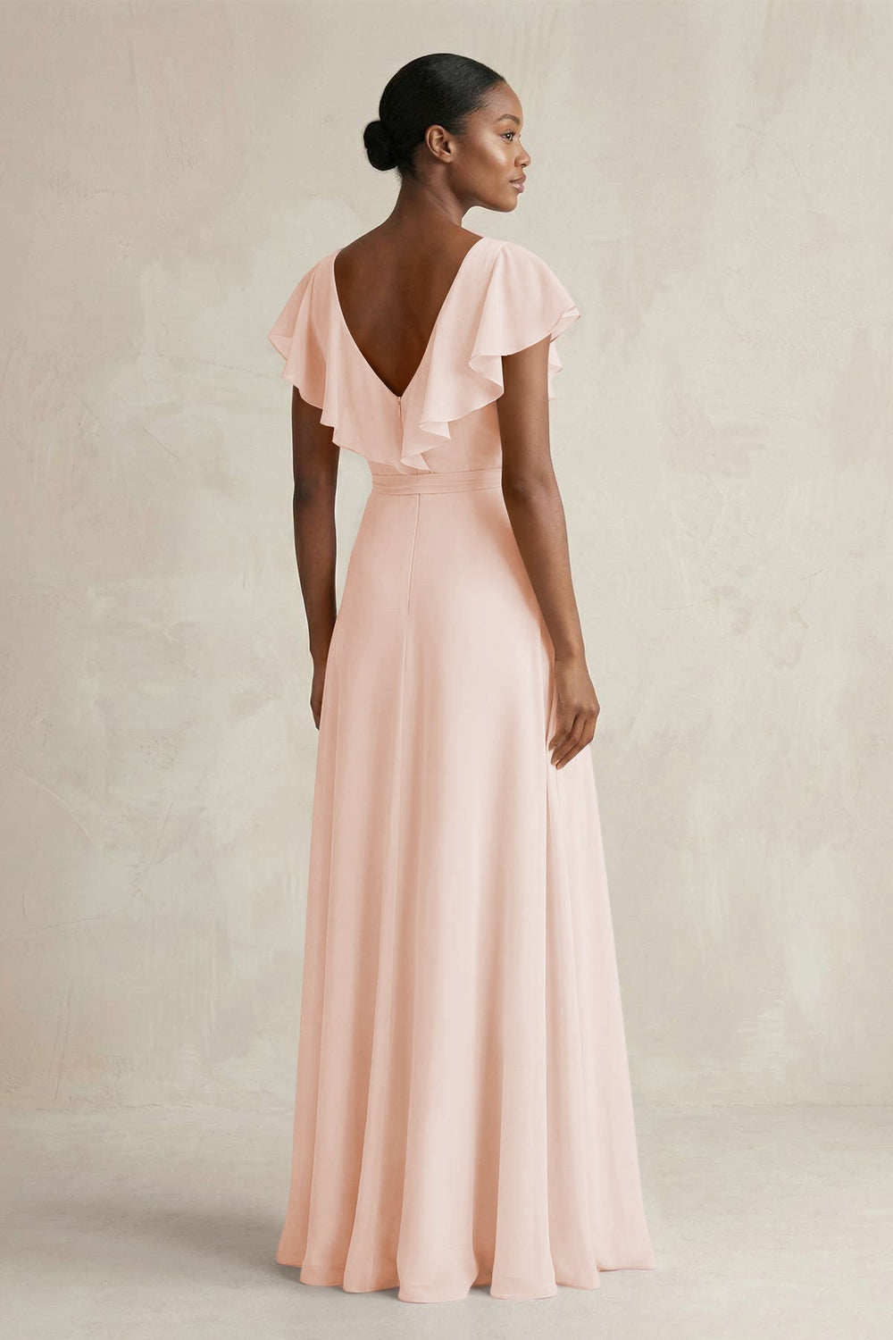 A-Line V-Neck Ruffled Sleeve Chiffon Bridesmaid Dress in Pale Blush - KISS BRIDAL BRIDESMAID DRESSES