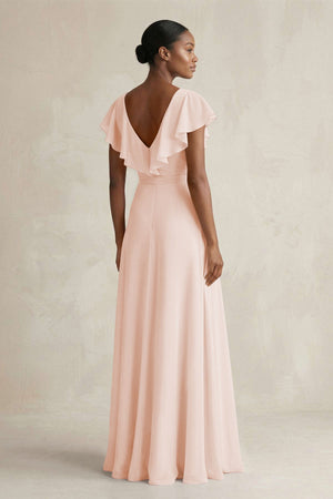 A-Line V-Neck Ruffled Sleeve Chiffon Bridesmaid Dress in Pale Blush - SHE IS ME BRIDESMAID DRESSES