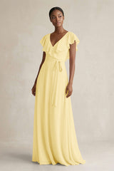 A-Line V-Neck Ruffled Sleeve Chiffon Bridesmaid Dress in Pastel Yellow - KISS BRIDAL BRIDESMAID DRESSES