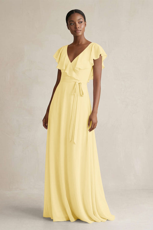 A-Line V-Neck Ruffled Sleeve Chiffon Bridesmaid Dress in Pastel Yellow - SHE IS ME BRIDESMAID DRESSES