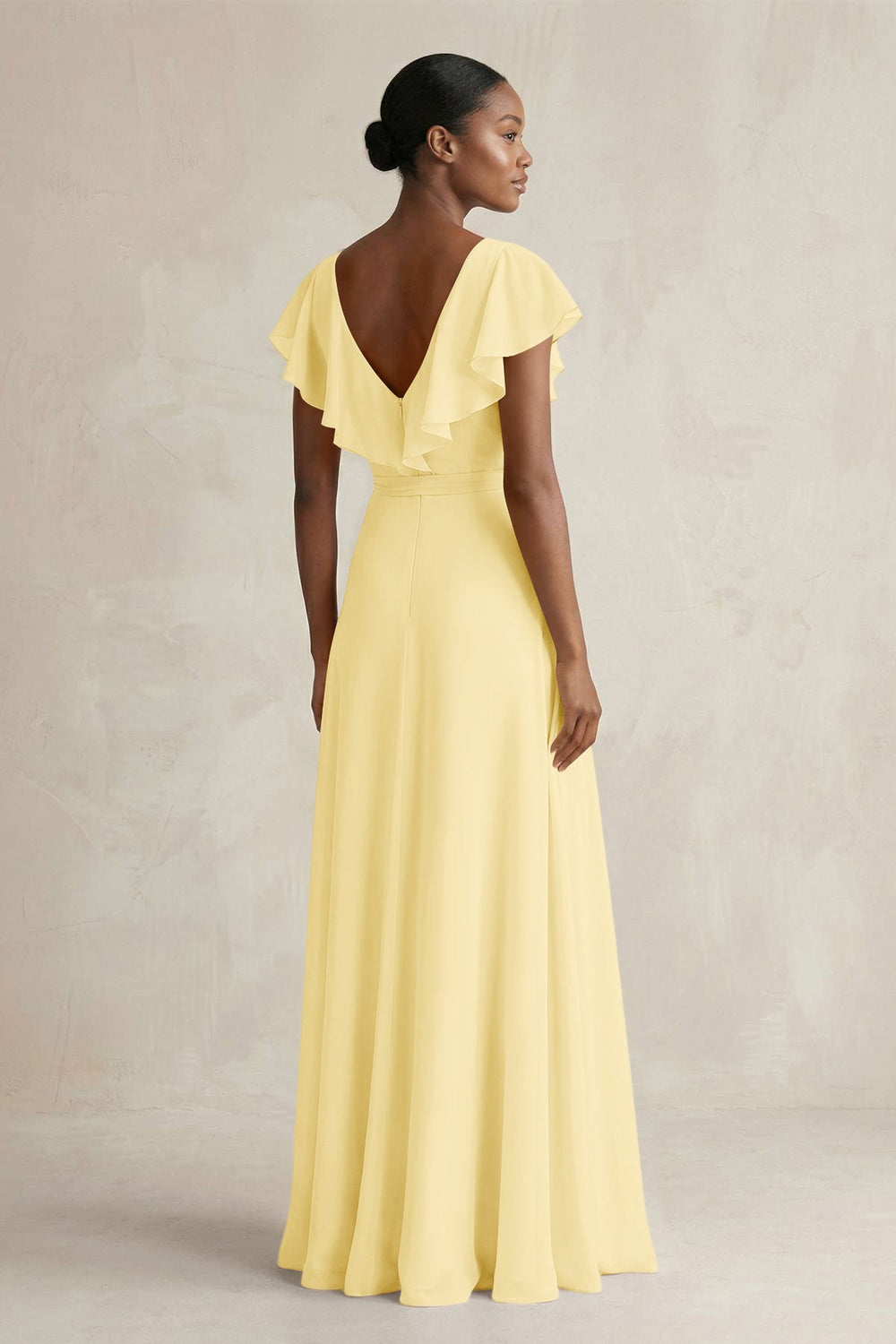 A-Line V-Neck Ruffled Sleeve Chiffon Bridesmaid Dress in Pastel Yellow - KISS BRIDAL BRIDESMAID DRESSES