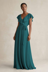 A-Line V-Neck Ruffled Sleeve Chiffon Bridesmaid Dress in Pine - KISS BRIDAL BRIDESMAID DRESSES
