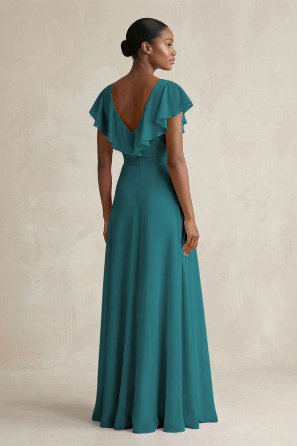 A-Line V-Neck Ruffled Sleeve Chiffon Bridesmaid Dress in Pine - SHE IS ME BRIDESMAID DRESSES