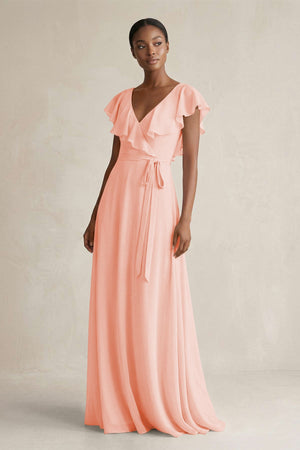 A-Line V-Neck Ruffled Sleeve Chiffon Bridesmaid Dress in Rose Petal - SHE IS ME BRIDESMAID DRESSES