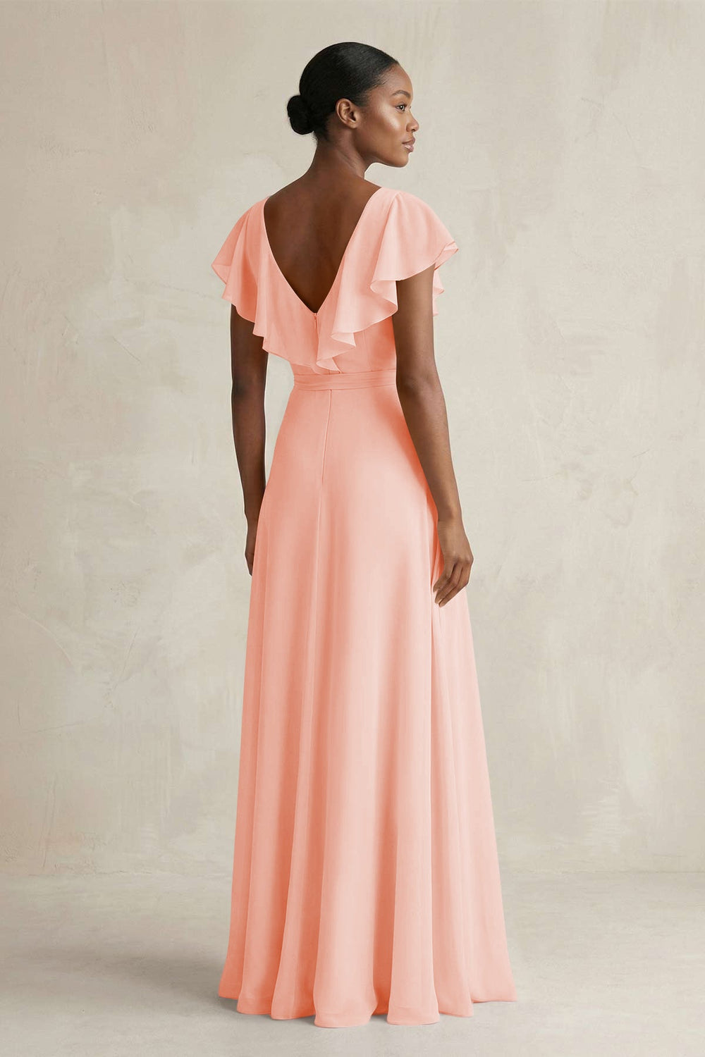 A-Line V-Neck Ruffled Sleeve Chiffon Bridesmaid Dress in Rose Petal - KISS BRIDAL BRIDESMAID DRESSES