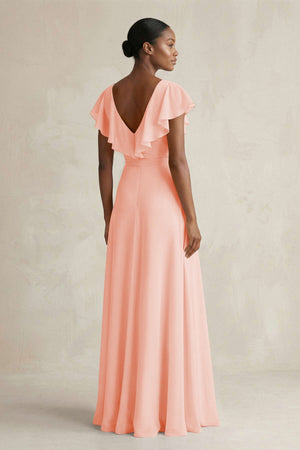A-Line V-Neck Ruffled Sleeve Chiffon Bridesmaid Dress in Rose Petal - SHE IS ME BRIDESMAID DRESSES