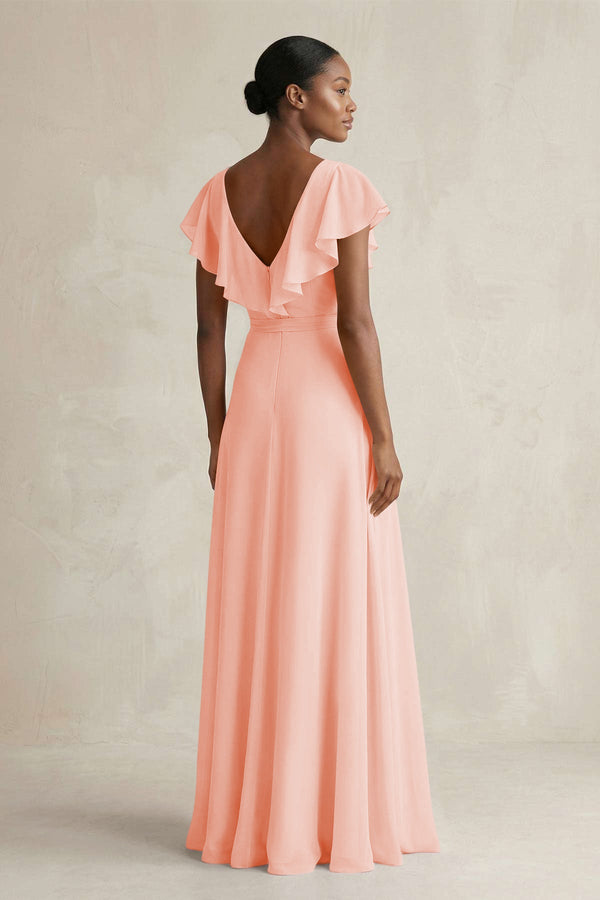 A-Line V-Neck Ruffled Sleeve Chiffon Bridesmaid Dress in Rose Petal - SHE IS ME BRIDESMAID DRESSES