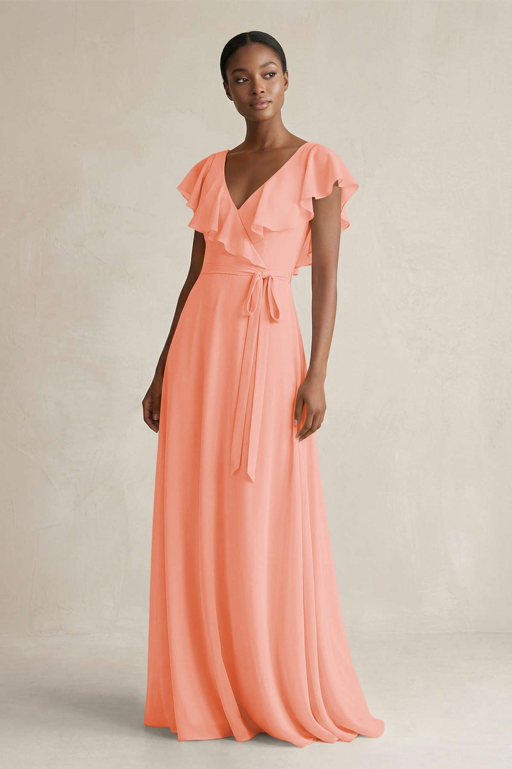 A-Line V-Neck Ruffled Sleeve Chiffon Bridesmaid Dress in Rosette - KISS BRIDAL BRIDESMAID DRESSES