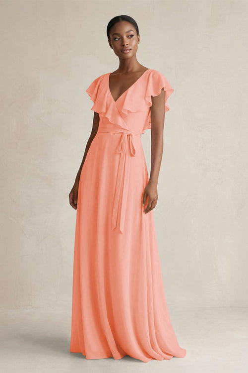 A-Line V-Neck Ruffled Sleeve Chiffon Bridesmaid Dress in Rosette - SHE IS ME BRIDESMAID DRESSES