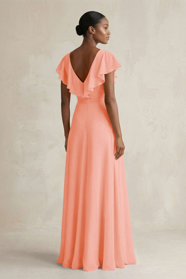 A-Line V-Neck Ruffled Sleeve Chiffon Bridesmaid Dress in Rosette - SHE IS ME BRIDESMAID DRESSES