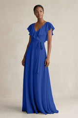 A-Line V-Neck Ruffled Sleeve Chiffon Bridesmaid Dress in Royal Blue - KISS BRIDAL BRIDESMAID DRESSES