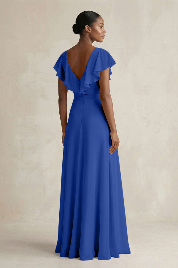 A-Line V-Neck Ruffled Sleeve Chiffon Bridesmaid Dress in Royal Blue - SHE IS ME BRIDESMAID DRESSES