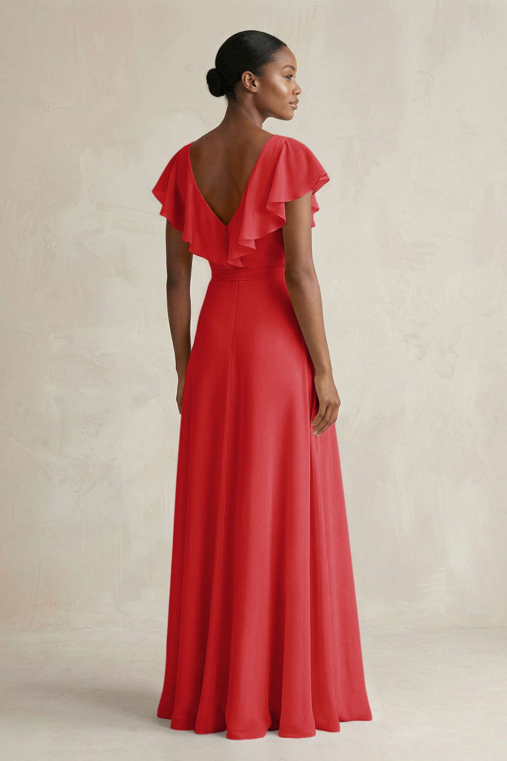 A-Line V-Neck Ruffled Sleeve Chiffon Bridesmaid Dress in Ruby Red - KISS BRIDAL BRIDESMAID DRESSES