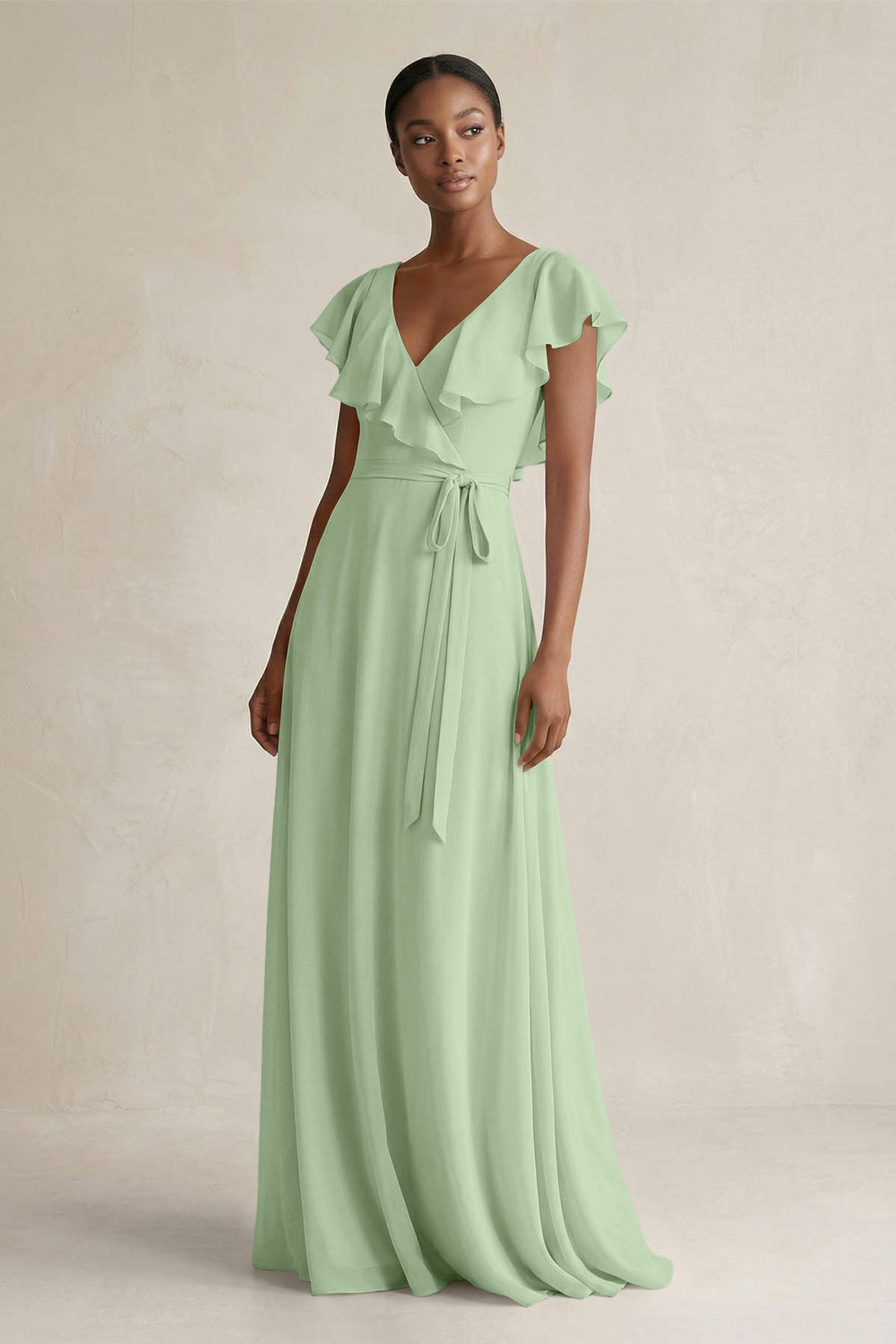 A-Line V-Neck Ruffled Sleeve Chiffon Bridesmaid Dress in Sage - KISS BRIDAL BRIDESMAID DRESSES