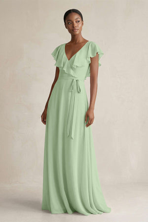 A-Line V-Neck Ruffled Sleeve Chiffon Bridesmaid Dress in Sage - SHE IS ME BRIDESMAID DRESSES