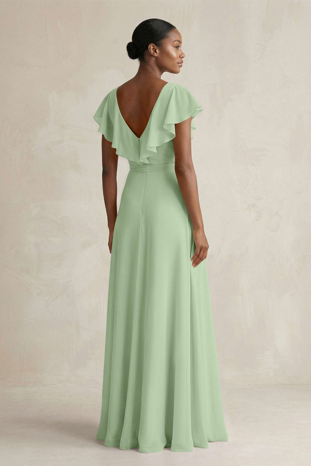 A-Line V-Neck Ruffled Sleeve Chiffon Bridesmaid Dress in Sage - KISS BRIDAL BRIDESMAID DRESSES