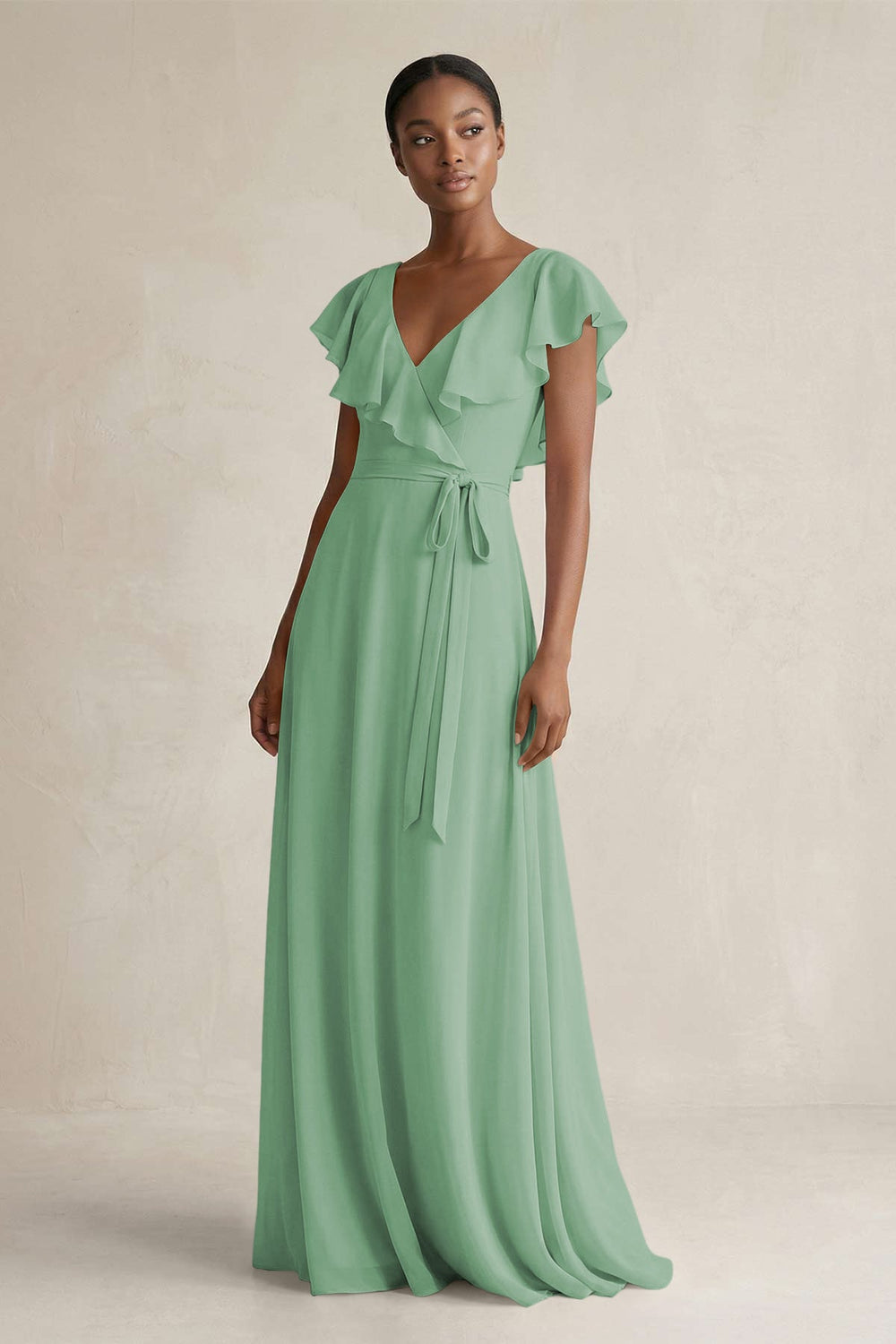 A-Line V-Neck Ruffled Sleeve Chiffon Bridesmaid Dress in Sea Glass - KISS BRIDAL BRIDESMAID DRESSES