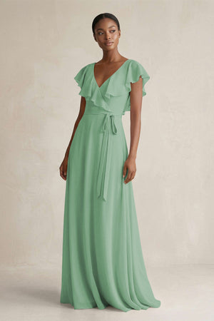 A-Line V-Neck Ruffled Sleeve Chiffon Bridesmaid Dress in Sea Glass - SHE IS ME BRIDESMAID DRESSES