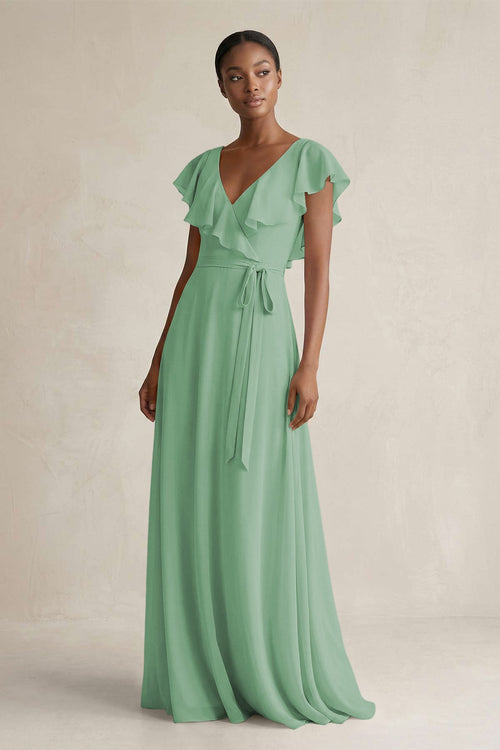 A-Line V-Neck Ruffled Sleeve Chiffon Bridesmaid Dress in Sea Glass - SHE IS ME BRIDESMAID DRESSES