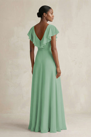 A-Line V-Neck Ruffled Sleeve Chiffon Bridesmaid Dress in Sea Glass - SHE IS ME BRIDESMAID DRESSES