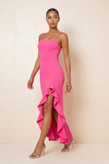 Ruffled Sheath Square Neck Keyhole Maxi Dress in Fuchsia - KISS BRIDAL Dresses