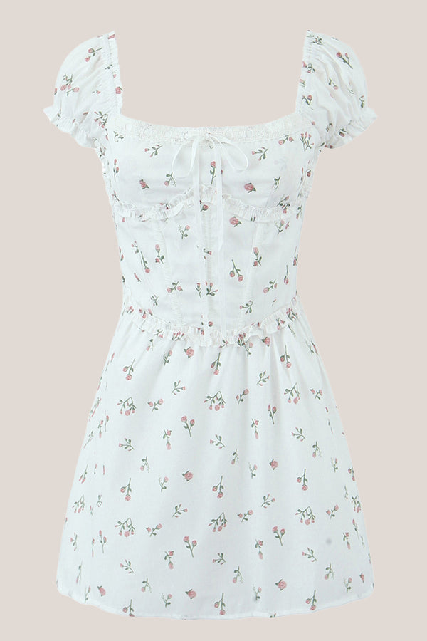 Ruffled Short Sleeves A - Line Vintage Rose Printed Cotton Mini Dress - SHE IS ME Dresses