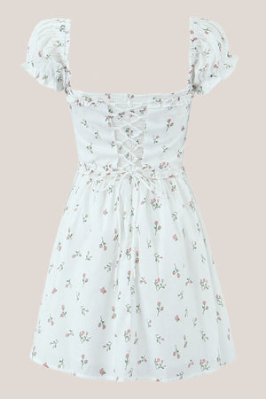 Ruffled Short Sleeves A - Line Vintage Rose Printed Cotton Mini Dress - SHE IS ME Dresses