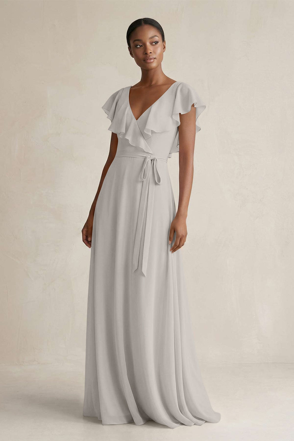 A-Line V-Neck Ruffled Sleeve Chiffon Bridesmaid Dress in Silver - KISS BRIDAL BRIDESMAID DRESSES