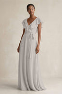 A-Line V-Neck Ruffled Sleeve Chiffon Bridesmaid Dress in Silver - SHE IS ME BRIDESMAID DRESSES