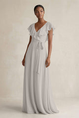 A-Line V-Neck Ruffled Sleeve Chiffon Bridesmaid Dress in Silver - KISS BRIDAL BRIDESMAID DRESSES