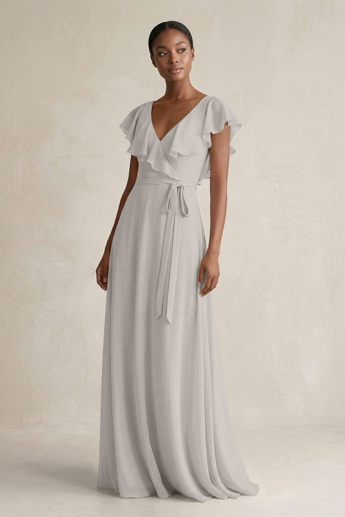 A-Line V-Neck Ruffled Sleeve Chiffon Bridesmaid Dress in Silver - SHE IS ME BRIDESMAID DRESSES