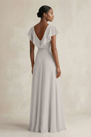 A-Line V-Neck Ruffled Sleeve Chiffon Bridesmaid Dress in Silver - SHE IS ME BRIDESMAID DRESSES