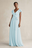 A-Line V-Neck Ruffled Sleeve Chiffon Bridesmaid Dress in Sky Blue - SHE IS ME BRIDESMAID DRESSES