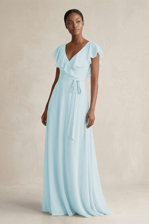 A-Line V-Neck Ruffled Sleeve Chiffon Bridesmaid Dress in Sky Blue - SHE IS ME BRIDESMAID DRESSES