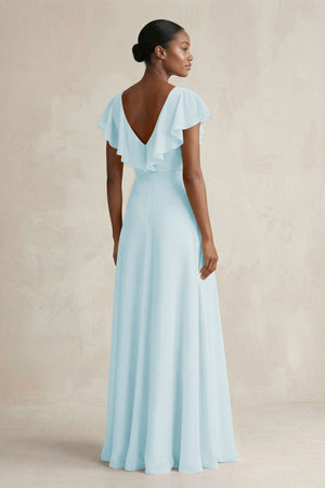 A-Line V-Neck Ruffled Sleeve Chiffon Bridesmaid Dress in Sky Blue - SHE IS ME BRIDESMAID DRESSES