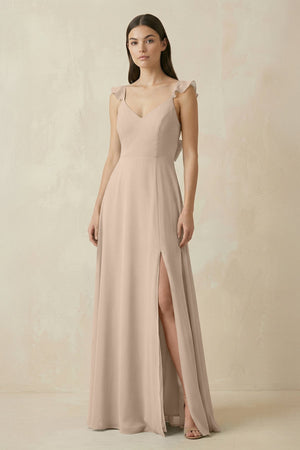 Ruffled Sleeve A - Line Chiffon Bridesmaid Dress in Almond - KISS BRIDAL Bridesmaid Dresses